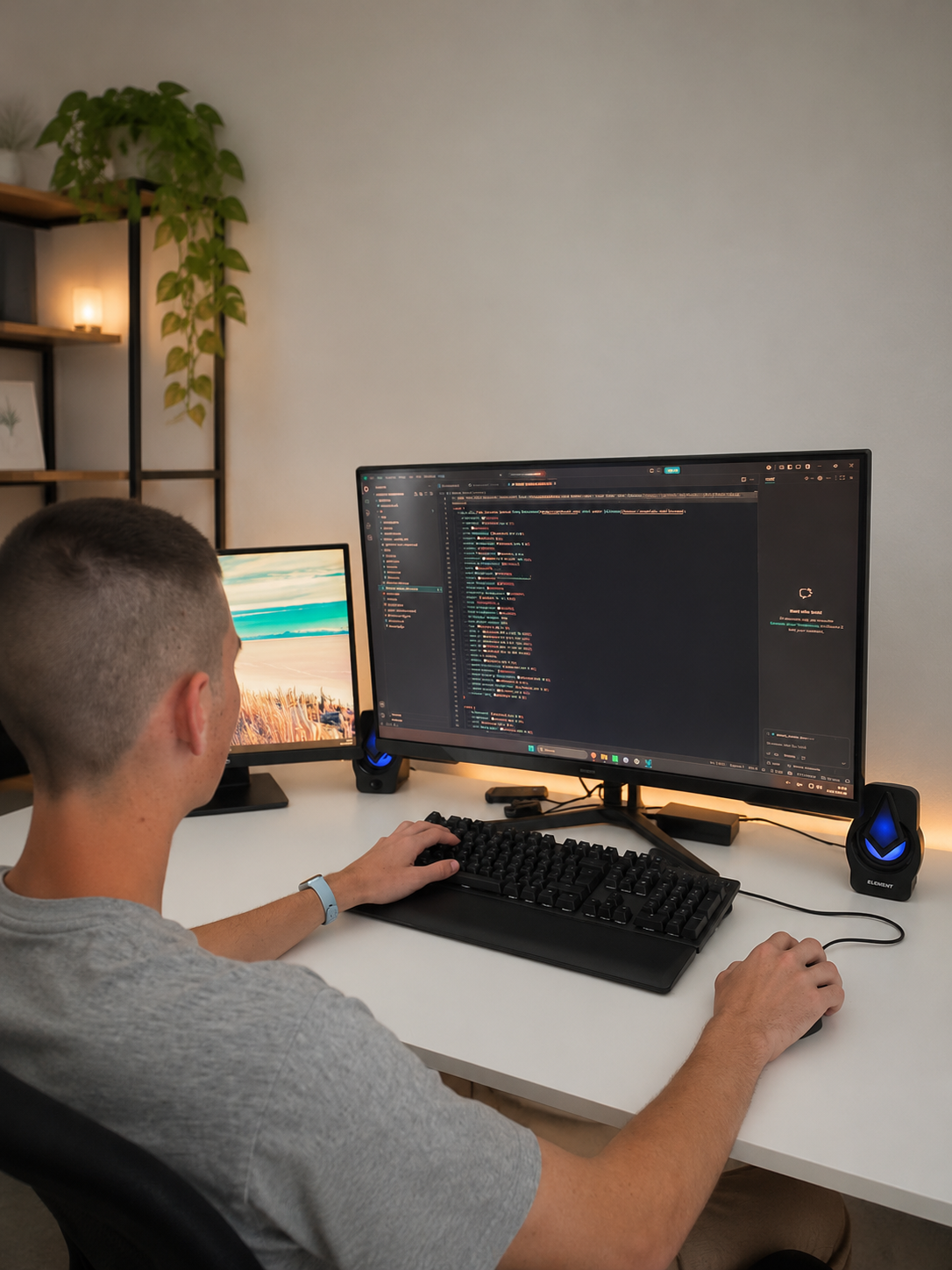 Kevin Zrebiec treballant davant de dos monitors en un espai informàtic