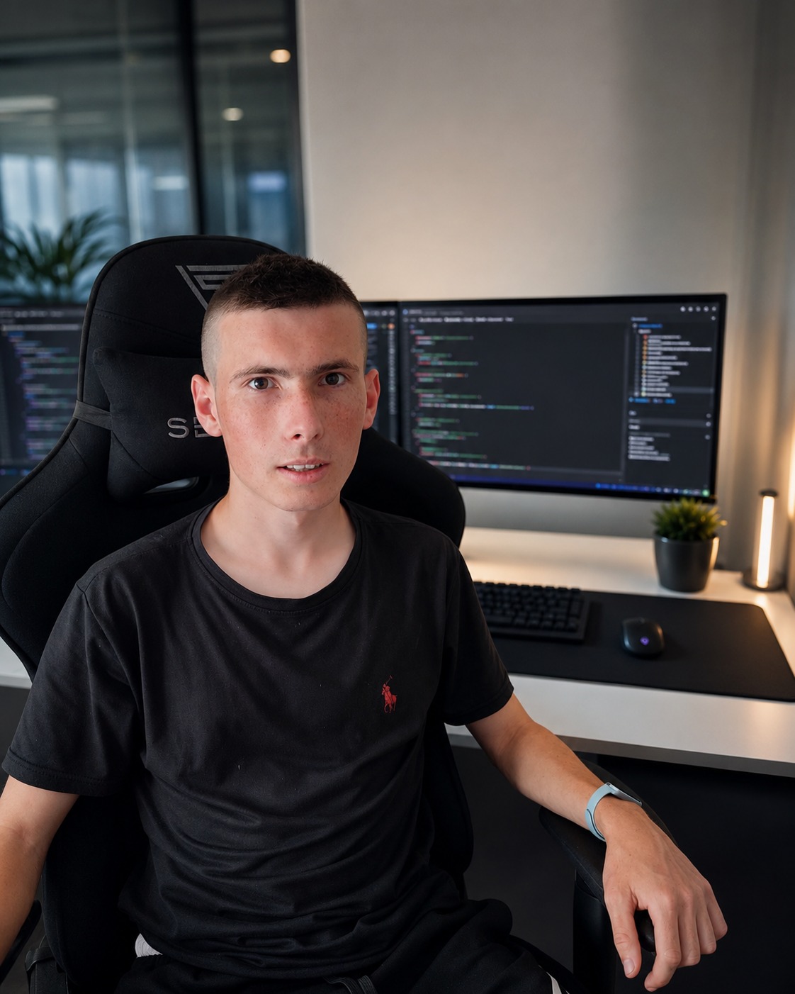 Kevin Zrebiec assegut davant d’un equip informàtic amb monitors i codi a la pantalla